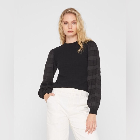 Club Monaco Black Woven Sleeve Crewneck Top - Picture 1 of 11